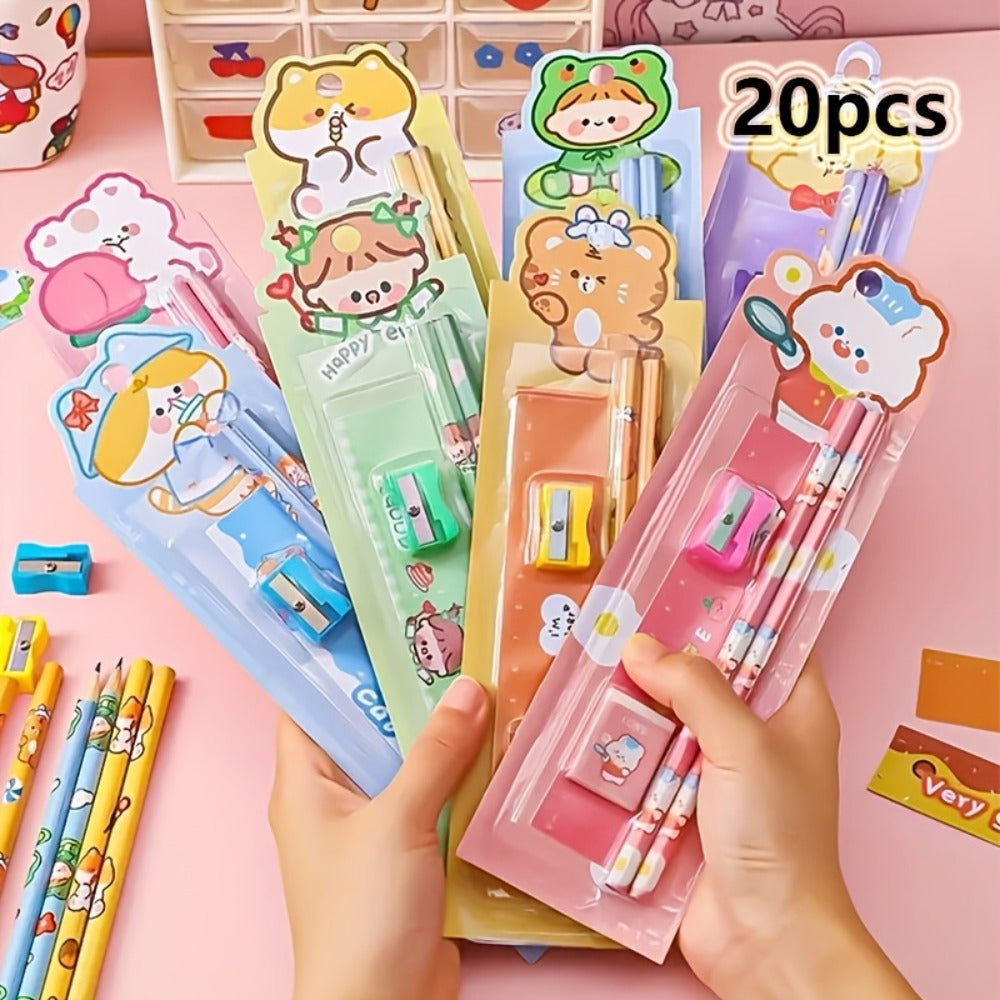 20-Piece Cartoon Pencil Stationery Set with Ruler Eraser Sharpener, Random Cartoon Styles, Kids School Supplies, Party Favor Prizes