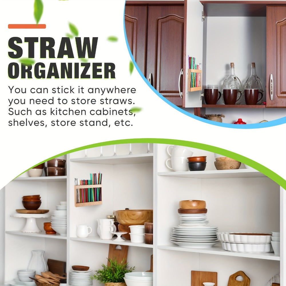 Wooden Straw Holder for Cabinet Door 9.8 Inch Acacia Wood Straw Dispenser Wall Mount Reusable Straw Storage Box for Kitchen Counter Cupboard