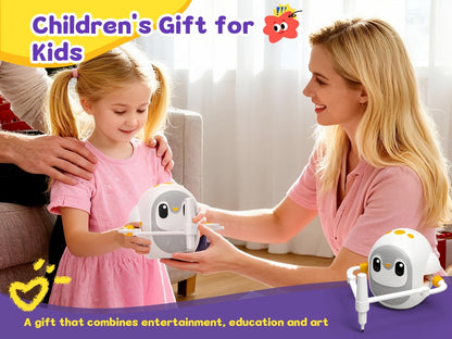 Drawing Robot for Kids Penguin, 200 Learning Cards & 12 Color Pens, STEM Art Educational Toy, Screen-Free Interactive Drawing Game