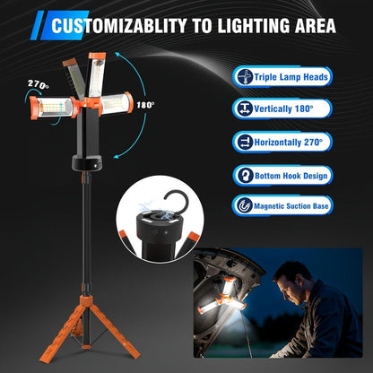 Rechargeable Camping Light 12000mAh with 79 Inch Detachable Tripod Stand, Dimmable 3-Head LED Work Light