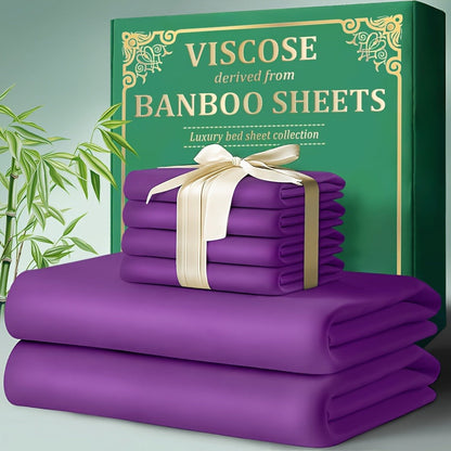 Bamboo Fitted Sheet Set 4-Piece Deep Pocket 18"-24", 2200TC Ultra- Cool Breathable Bed Sheets, Anti-Shrink Fade-Resistant