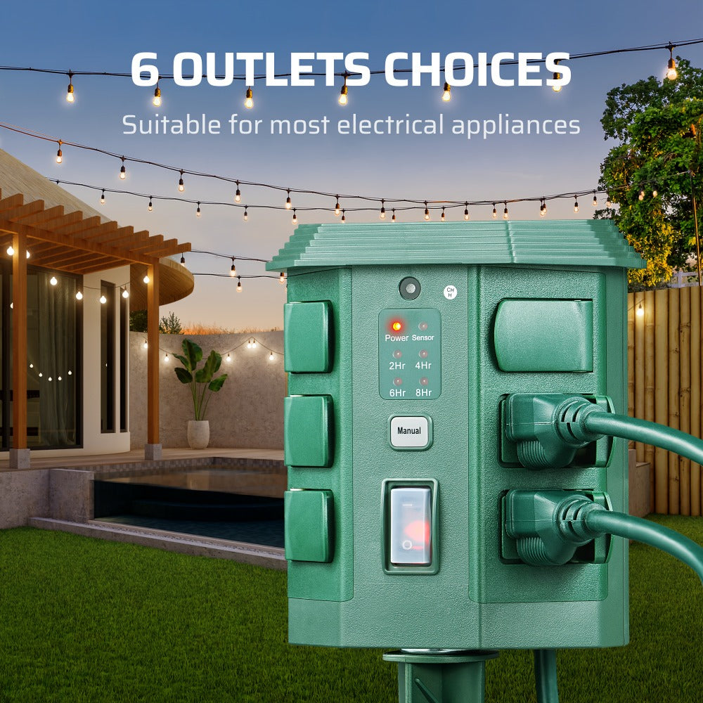 Outdoor Power Stake Timer 6 Outlet, 100FT Wireless Remote Control, Dusk to Dawn Photocell Sensor