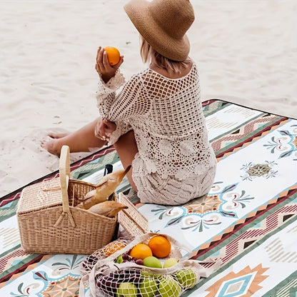 Rectangular Geometric Picnic Blanket with Rolled Carry Straps and 200 x 150 cm Pictured Open Size