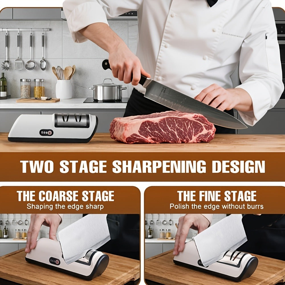 Two-Stage Electric Knife Sharpener in White or Pink with Two Extra Sanding Wheels Included
