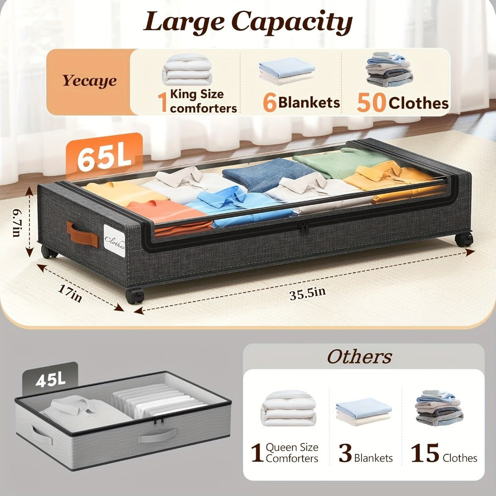 Under Bed Storage Organizer 2-Pack Rolling Boxes in Black or Gray for Clothes, Shoes and Bedding