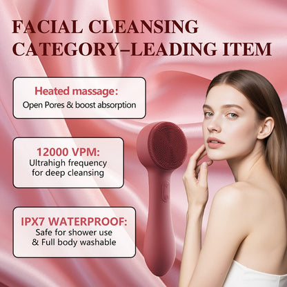 Silicone Facial Cleansing Brush Electric Face Scrubber 12000 Vibrations IPX7 USB Rechargeable Heat Massage for Home or Salon Spa Use