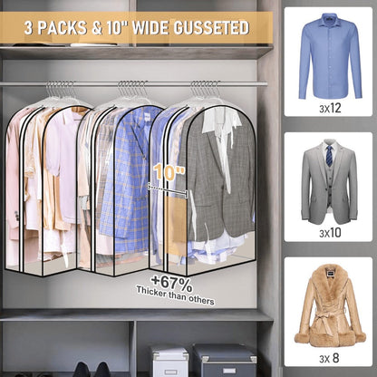 Garment Bags for Hanging Clothes, 3-Pack Transparent Suit Bags with Zipper, Heavy Duty EVA Coat Covers for Wardrobe Closet Storage