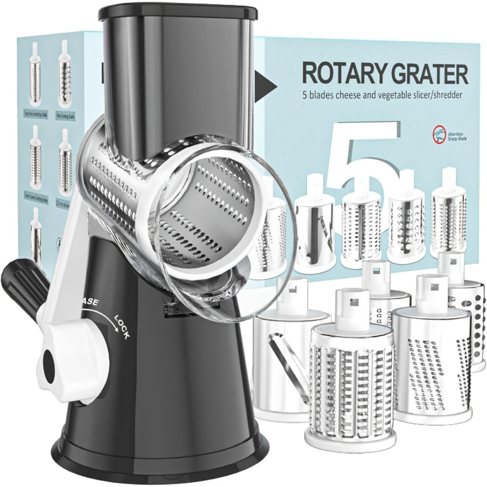 Rotary Cheese Grater with Hand Crank, 3 Interchangeable Blades for Cheese, Vegetables & Nuts, Suction Base