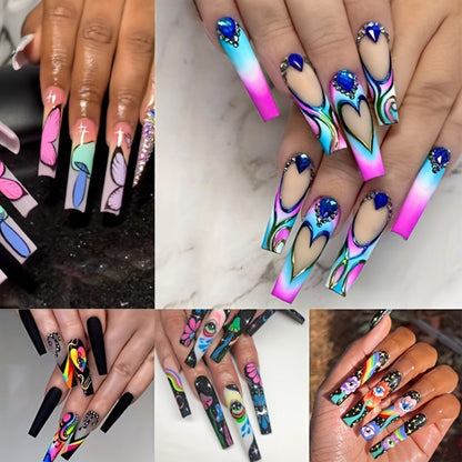 Press On Nails 120-Piece Extra-Long Five-Box Cosmic Eye Rhinestone Matte Floral Stripe Set with Glue