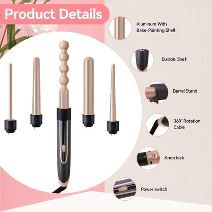 5-in-1 Curling Wand Set Ceramic Interchangeable Barrels 0.4-1.25 Inch – 30s Fast Heat, for Home, Travel and Salon Hair Styling