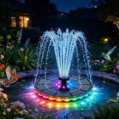 Bird Bath Fountain Solar 3.5W LED Lights 3000mAh Battery IPX8 7 Nozzles for Garden, Patio and Yard Use