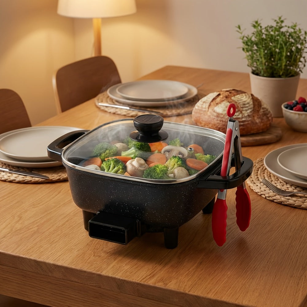 Electric Mini Square Hot Pot 8-Inch Non-Stick Speckled Coating Glass Lid Cool-Touch Handle for Home Cooking, Dining and Outdoor Meals