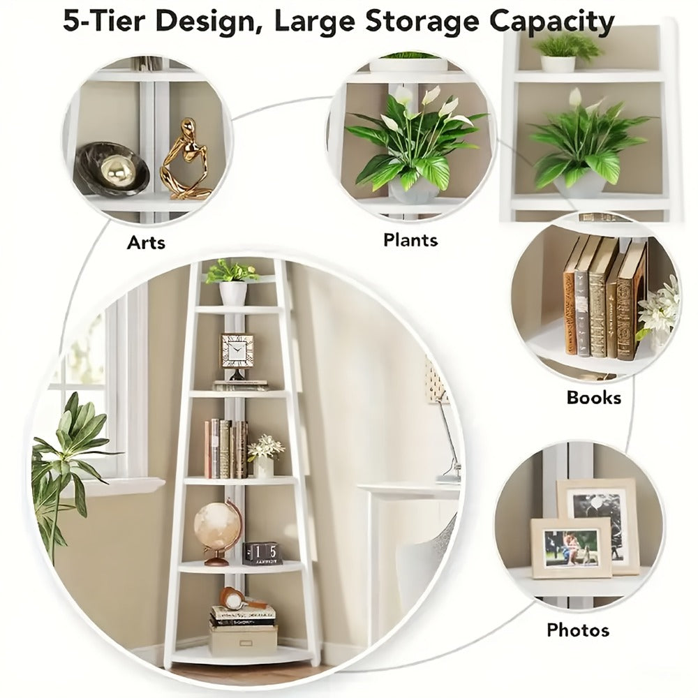White Five-Tier Ladder-Style Freestanding Corner Shelf, Approximately 110 cm High and 34 cm Wide