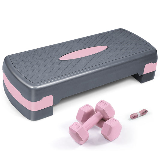 Aerobic Stepper Set with 2 Dumbbells & Measuring Tape – Adjustable Height 4"/6" Exercise Step Platform Non-Slip Workout Stepper for Home