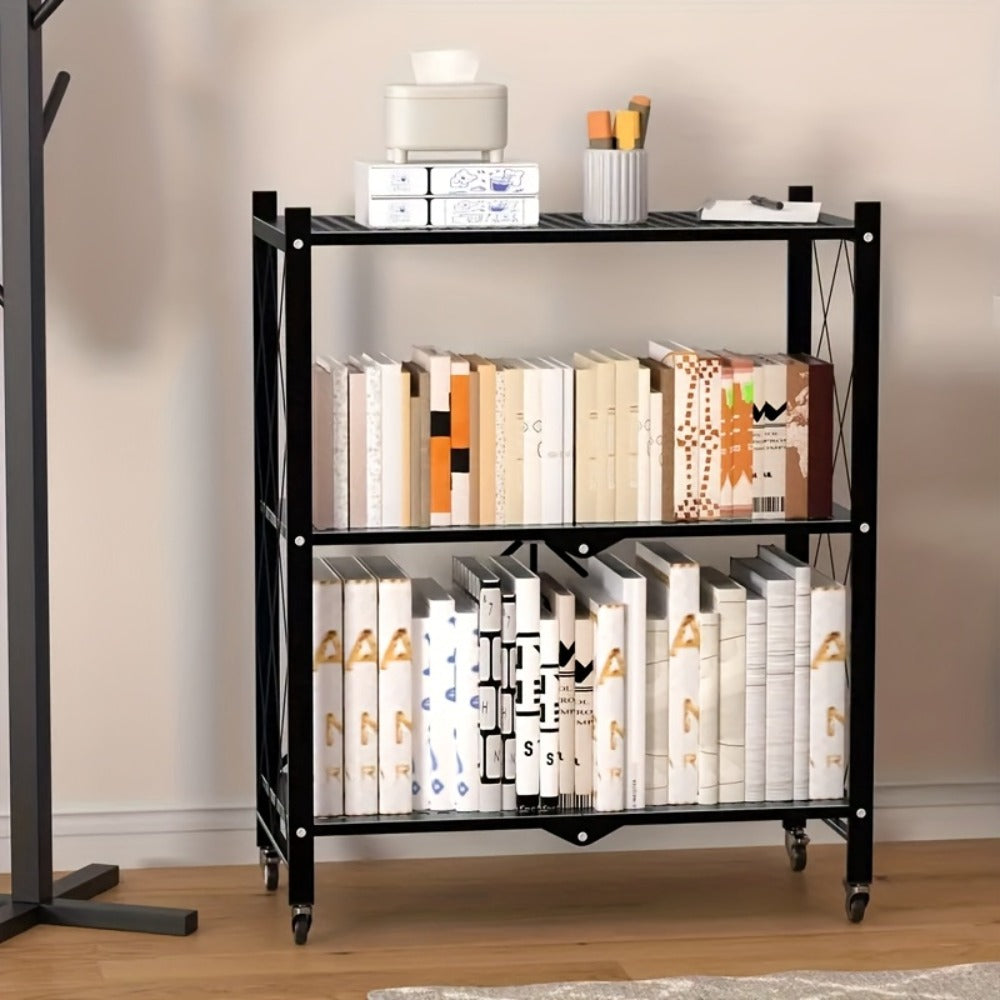 Rolling Foldable Metal Storage Shelf with Three-, Four- or Five-Tier Options in Black or White