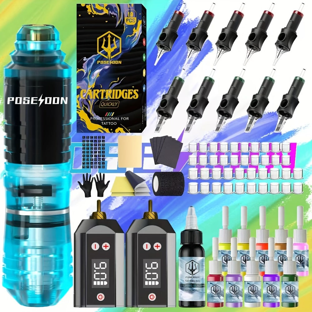 Tattoo Pen Kit Complete Beginner Set - Wireless Battery Tattoo Pen 1400mAh LCD Screen, 10pcs Cartridge Needles