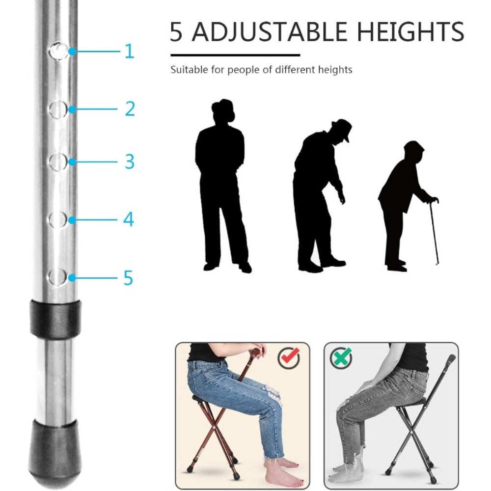 Folding Cane with Seat, LED Light Telescopic Walking Stick with Height Adjustment & Frosted Handle