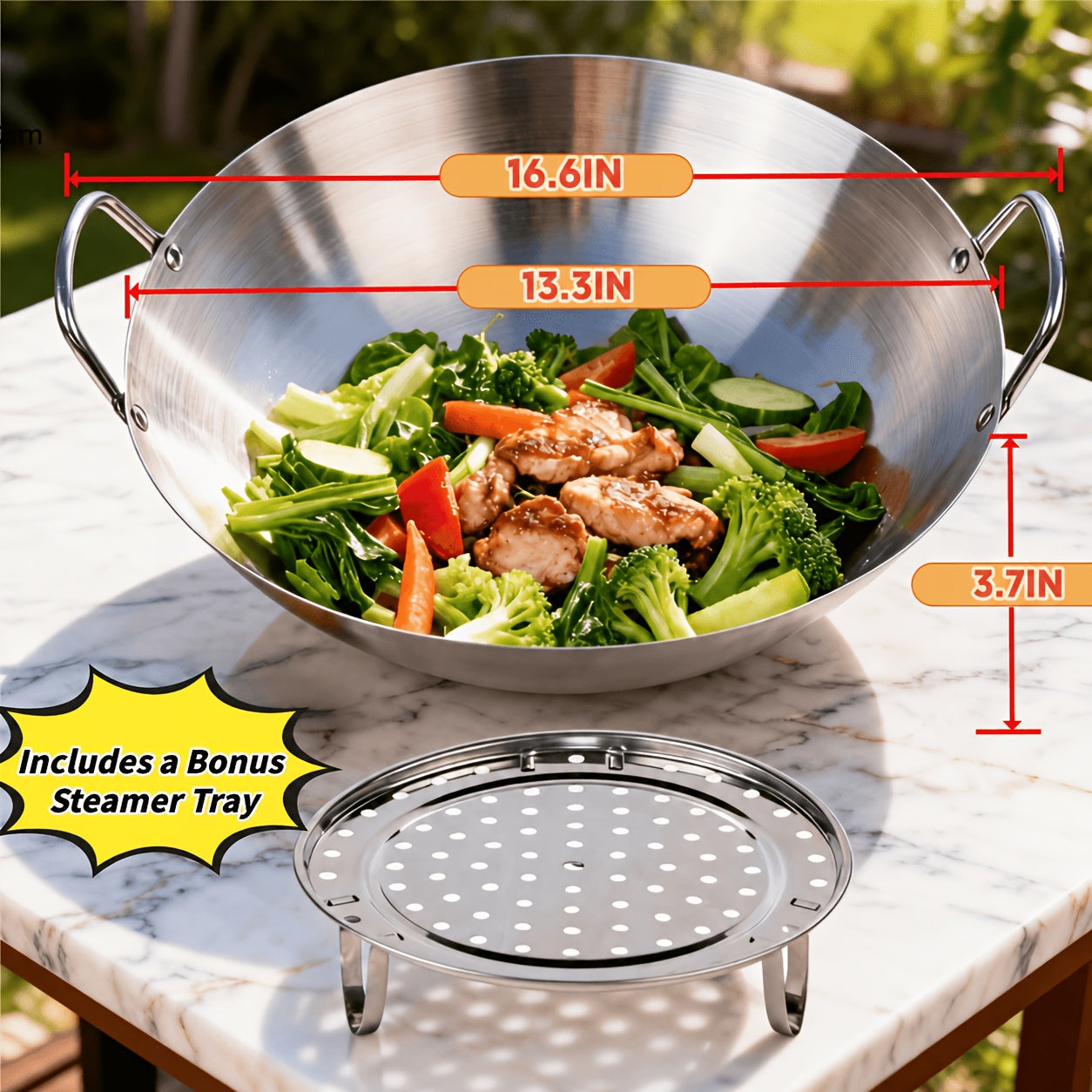 Stainless Steel Wok Cookware with Dual Handles, Steamer Rack and 30, 36 or 38cm Size Choices