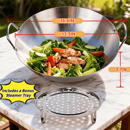 Stainless Steel Wok Cookware with Dual Handles, Steamer Rack and 30, 36 or 38cm Size Choices