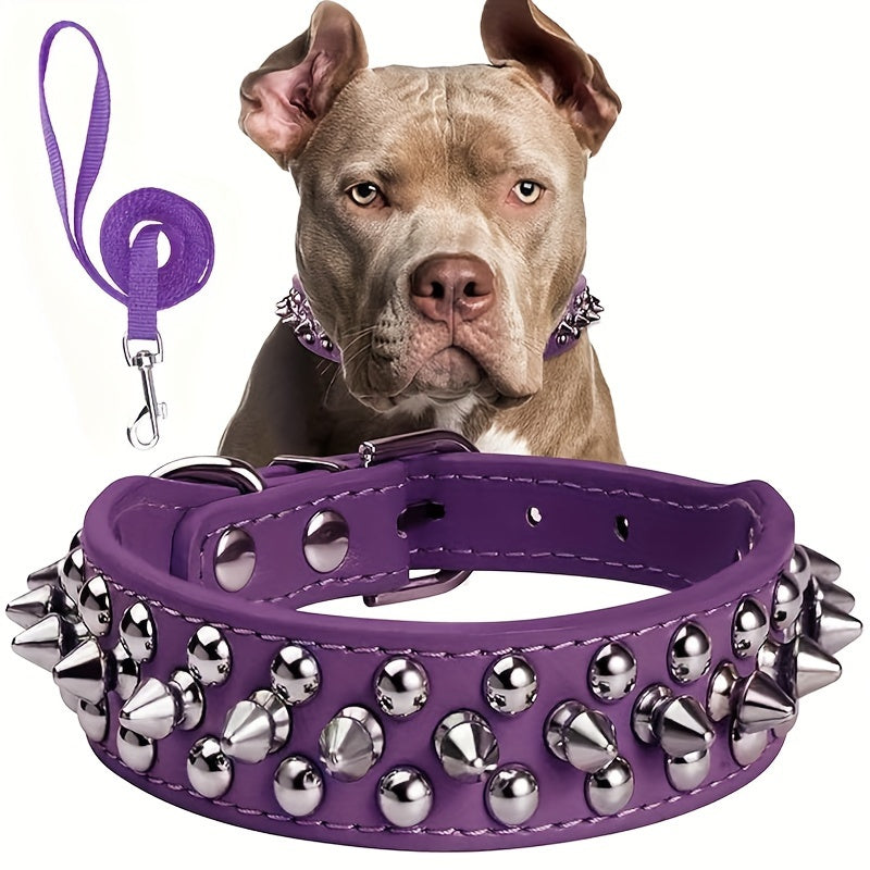 Rivet Dog Collar Bite Resistant with Leash Set, Heavy Duty Metal Buckle Pet Collar for Medium Large Dogs, Adjustable Sizes XS–XXL