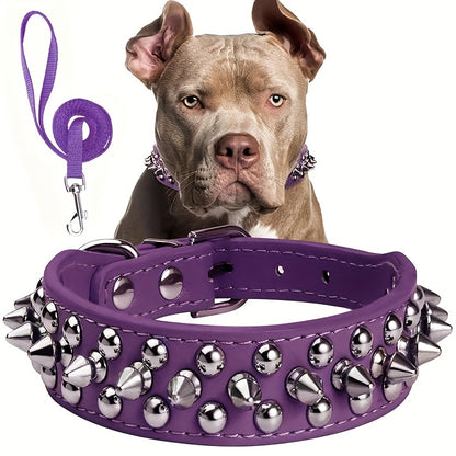 Rivet Dog Collar Bite Resistant with Leash Set, Heavy Duty Metal Buckle Pet Collar for Medium Large Dogs, Adjustable Sizes XS–XXL