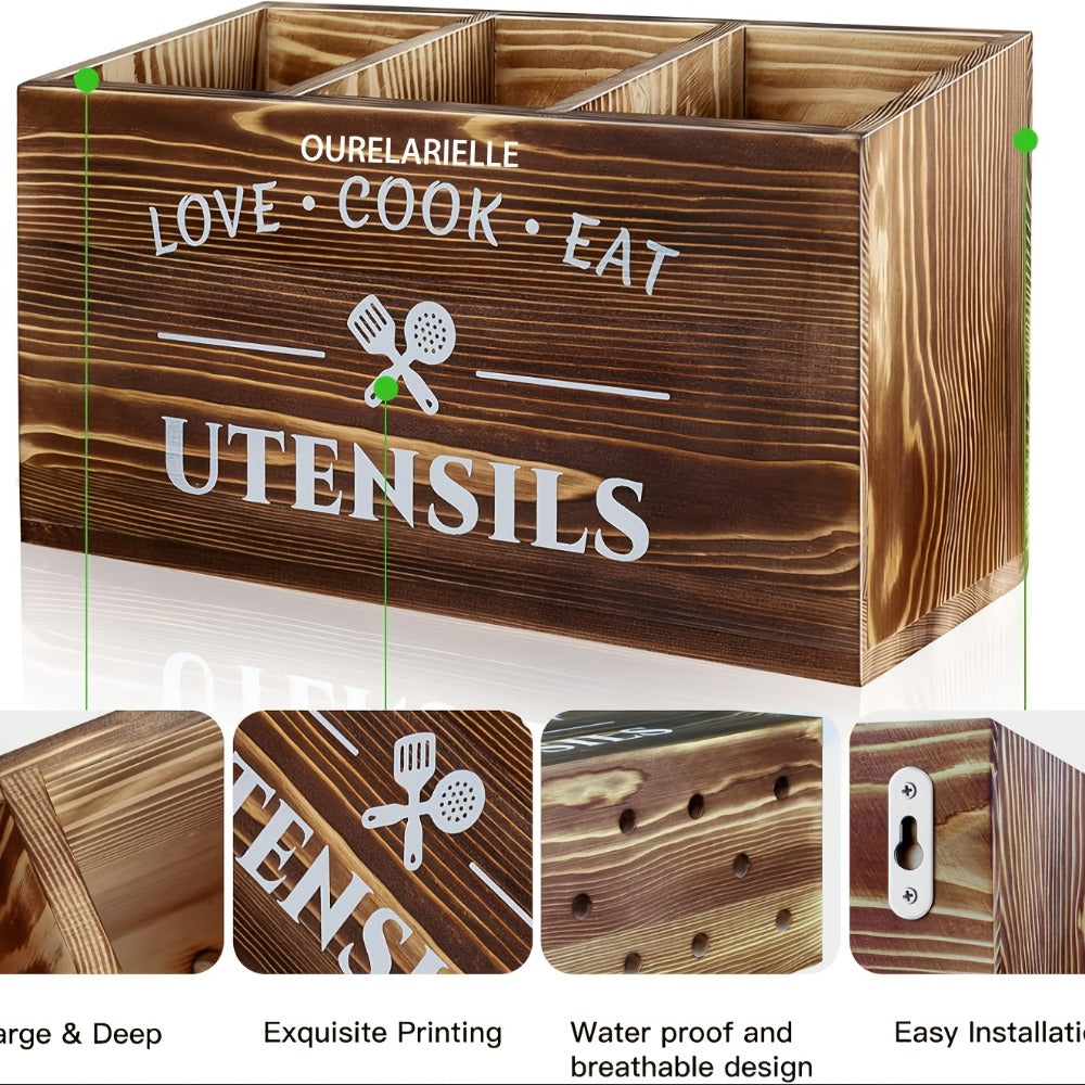 Wooden Cutlery Storage Box with Grid Compartments Chopstick Organizer Rack with Metal for Home Cooking, Dining and Outdoor Meals
