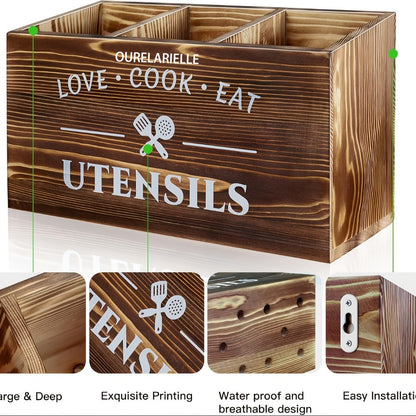Wooden Cutlery Storage Box with Grid Compartments Chopstick Organizer Rack with Metal for Home Cooking, Dining and Outdoor Meals