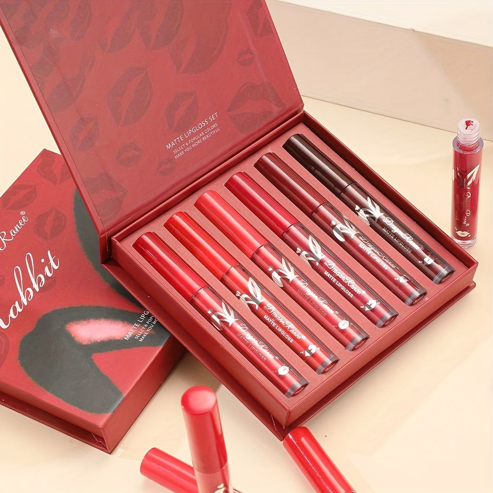 Lip Gloss Set by Dragon Ranee with 6 Red-Tone Matte Lip Colors, Tube Applicators and Gift Box