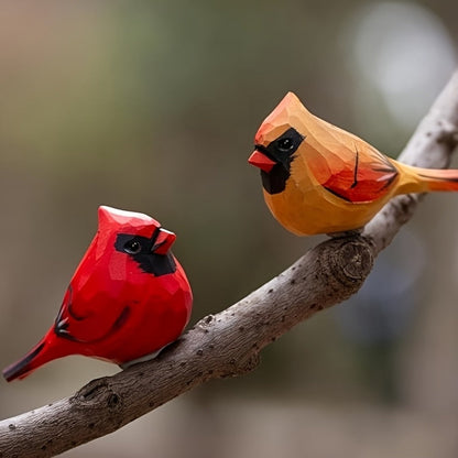 Cardinal Bird Statues Handmade Wood Carving 2pcs - Painted Decorative Bird Figurines for Home for Entryways, Bedrooms and Living Spaces