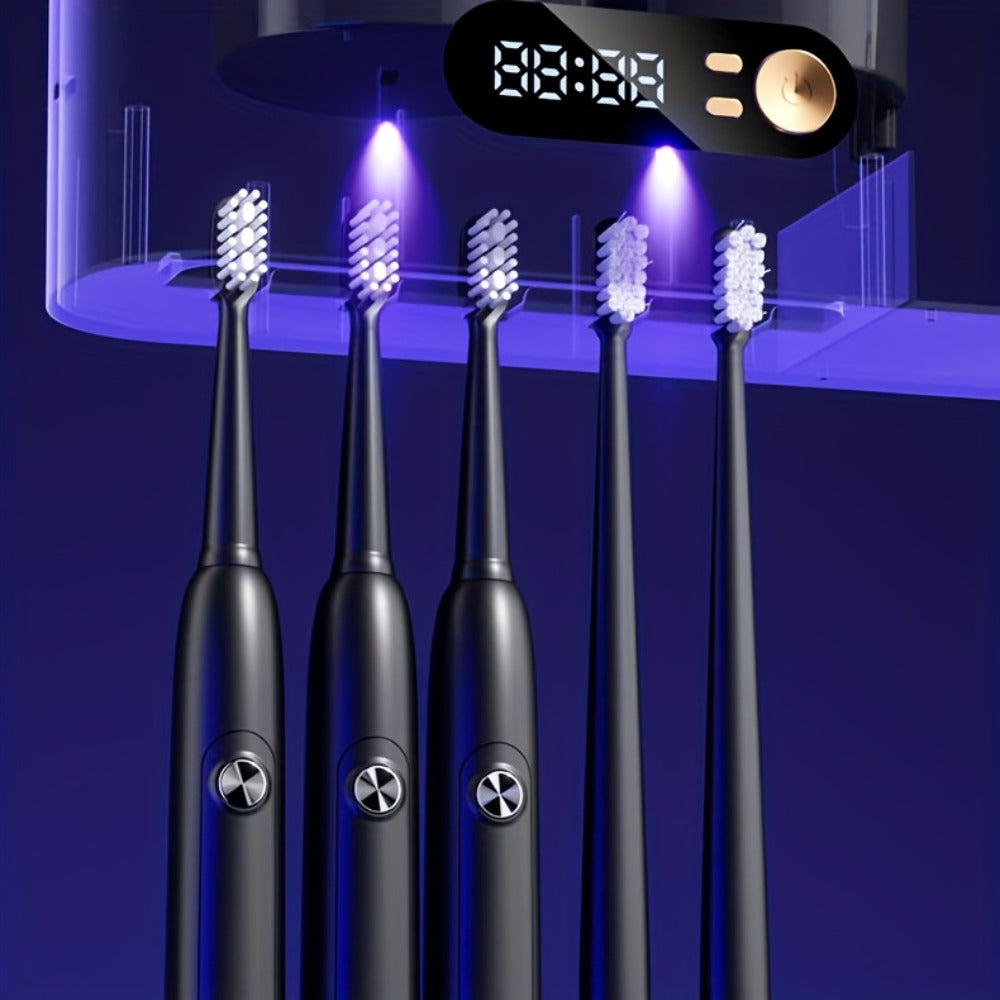 Five-Slot Wall-Mounted Toothbrush Holder with Two Cups, Toothpaste Dispenser and Digital Display