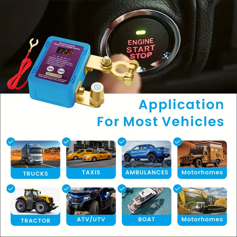 Battery Disconnect Switch 12V 240A – Smart LED Voltage Display Kill Switch, Anti-Theft Battery Drain Prevention for Car Truck RV (Wired