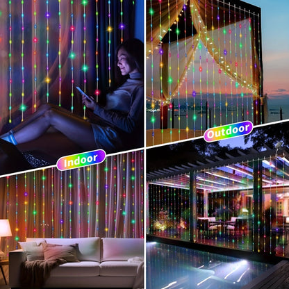 Solar Curtain Lights Outdoor 300 LED Waterfall Fairy String Lights with 8 Modes Remote for Entryways, Bedrooms and Living Spaces