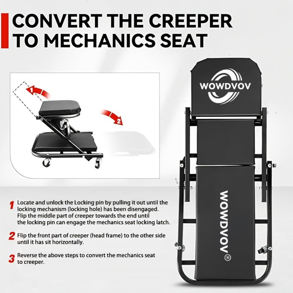 Mechanic Creeper 3-in-1 Z-Shape – 500 lb Capacity Foldable Garage Repair Stool, Lying Sitting Leaning Rolling Creeper with 6 Wheel Rollers