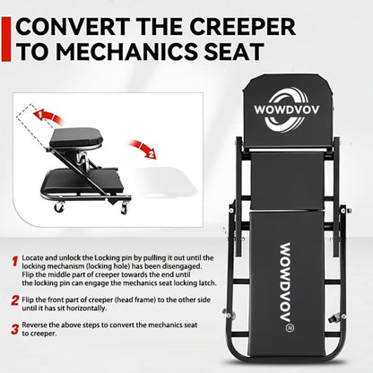 Mechanic Creeper 3-in-1 Z-Shape – 500 lb Capacity Foldable Garage Repair Stool, Lying Sitting Leaning Rolling Creeper with 6 Wheel Rollers