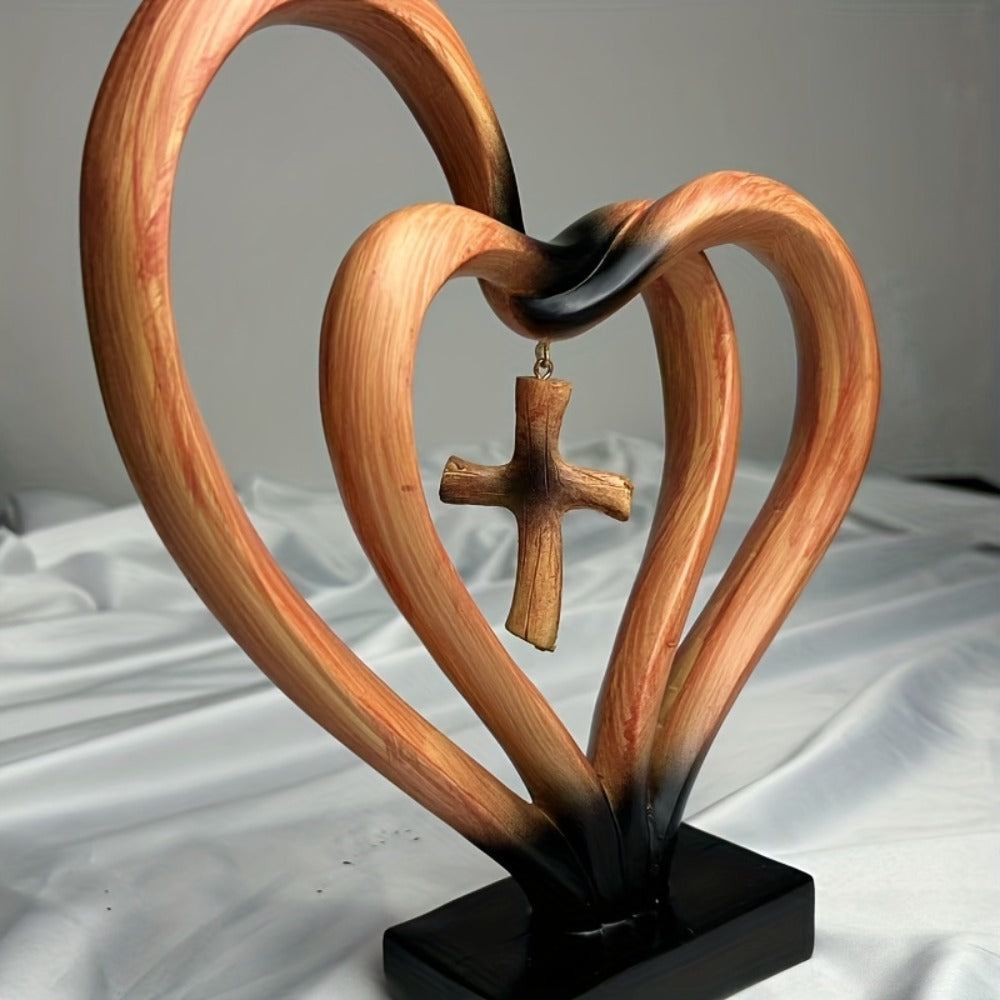 Resin Cross Ornament Wood Grain Love Design – Modern Decorative Cross Statue for Home Office Desktop, Mother's Day Valentine's Day Gift