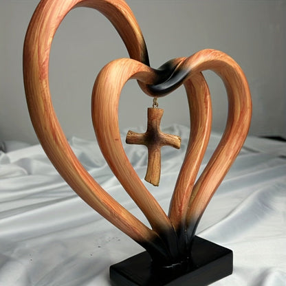 Resin Cross Ornament Wood Grain Love Design – Modern Decorative Cross Statue for Home Office Desktop, Mother's Day Valentine's Day Gift