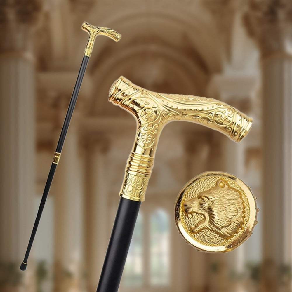 Walking Cane with Bear Head Handle Decorative Gentleman Stick Carved Flower Knob Cane Fashion Mobility Aid Staff 35.4 Inch Golden