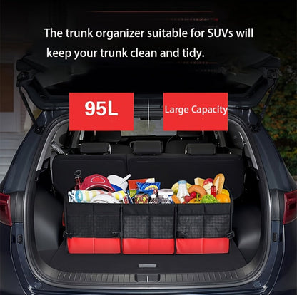 Car Trunk Organizer, 95L Foldable 4-Compartment Bin with Two Retractable Straps and Divider Set