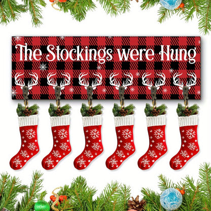 Christmas Stocking Wall Rack with Six Hooks, Red Plaid Sign and The Stockings Were Hung Text