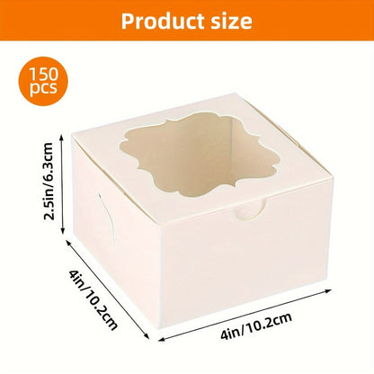 150-Pack White Treat Boxes with Scalloped Window, 4 x 4 x 2.5-Inch Size and Fold-Flat Design