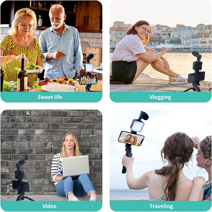 All-in-One Content Creator Kit with LED Ring Light Microphone Folding Tripod & Bluetooth Remote
