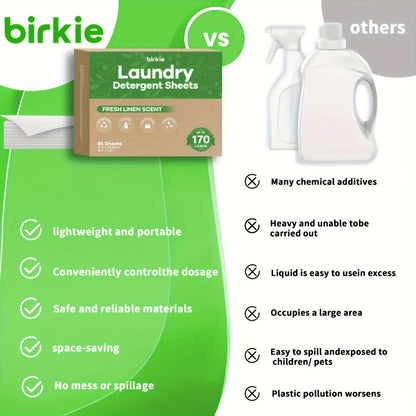 Laundry Detergent Sheets 170 Loads – 85 Sheets, Liquidless Eco-Friendly Washer Sheets, No Plastic Jug, Fresh Linen Scent