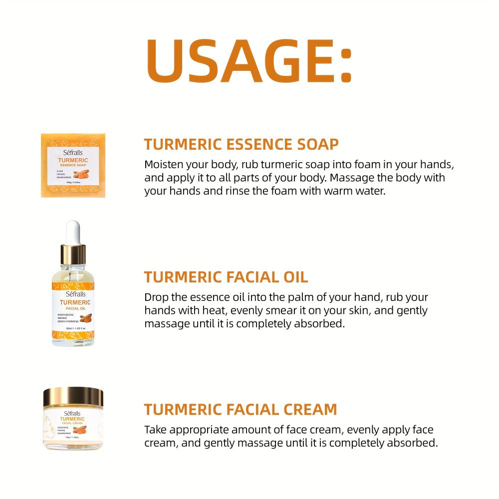 Turmeric Skincare Set 3 Pcs – Turmeric Face Cream, Facial Soap & Essential Oil Kit for Deep Pore Cleansing, Brightening & Moisturizing