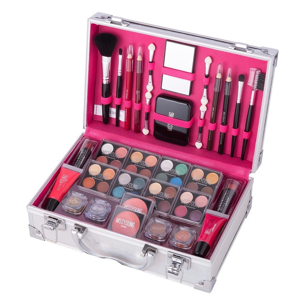 Makeup Kit 56-Piece Handled Mirror Case with Mixed Face, Eye and Lip Cosmetics in Silvery or Rose Color