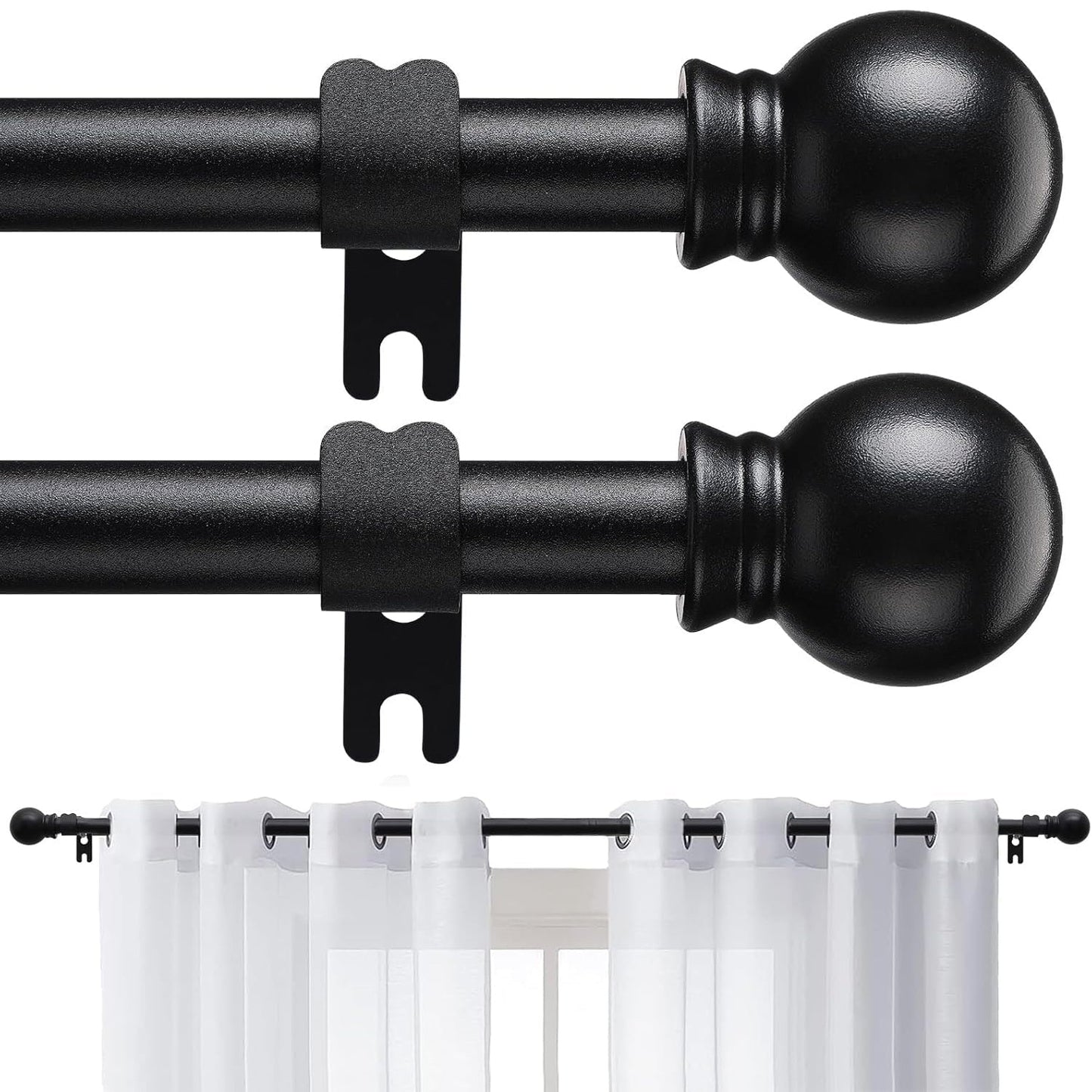 Two-Pack Matte Black Curtain Rod Set with 5/8 Inch Tube and 28–52 to 28–95 Inch Size Options