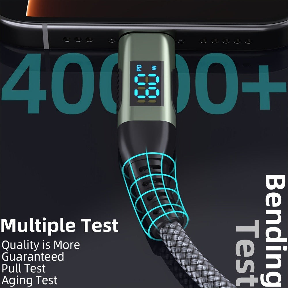 USB-A to USB-C Cable with LED Digital Display, 3A Fast Charging & 480Mbps Data Sync, Nylon Braided Anti-Overheat