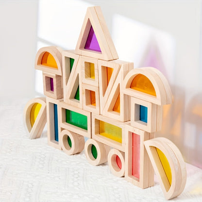 Building Block Set Translucent Acrylic Geometric Shapes with Colorful Triangle, Circle, Arch and Window Pieces