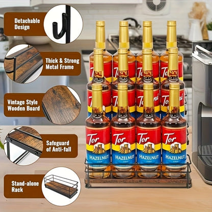 3-Tier Metal Bottle Rack Countertop Organizer – No-Install Syrup Holder for Coffee Bar, Wine & Whiskey Display Stand, Holds 12 Bottles