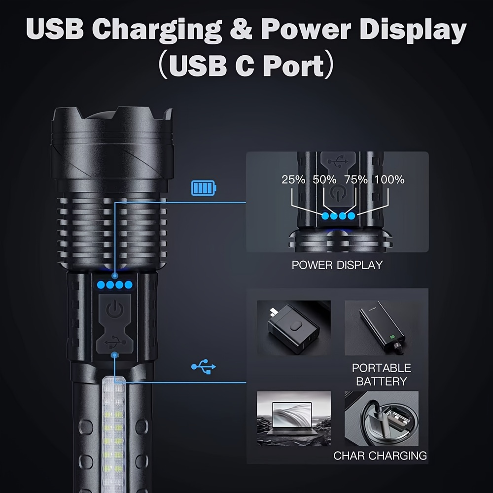 Flashlight LED and COB Dual-Light Torch with Telescopic Focus, USB-C Charging and 1500mAh Battery