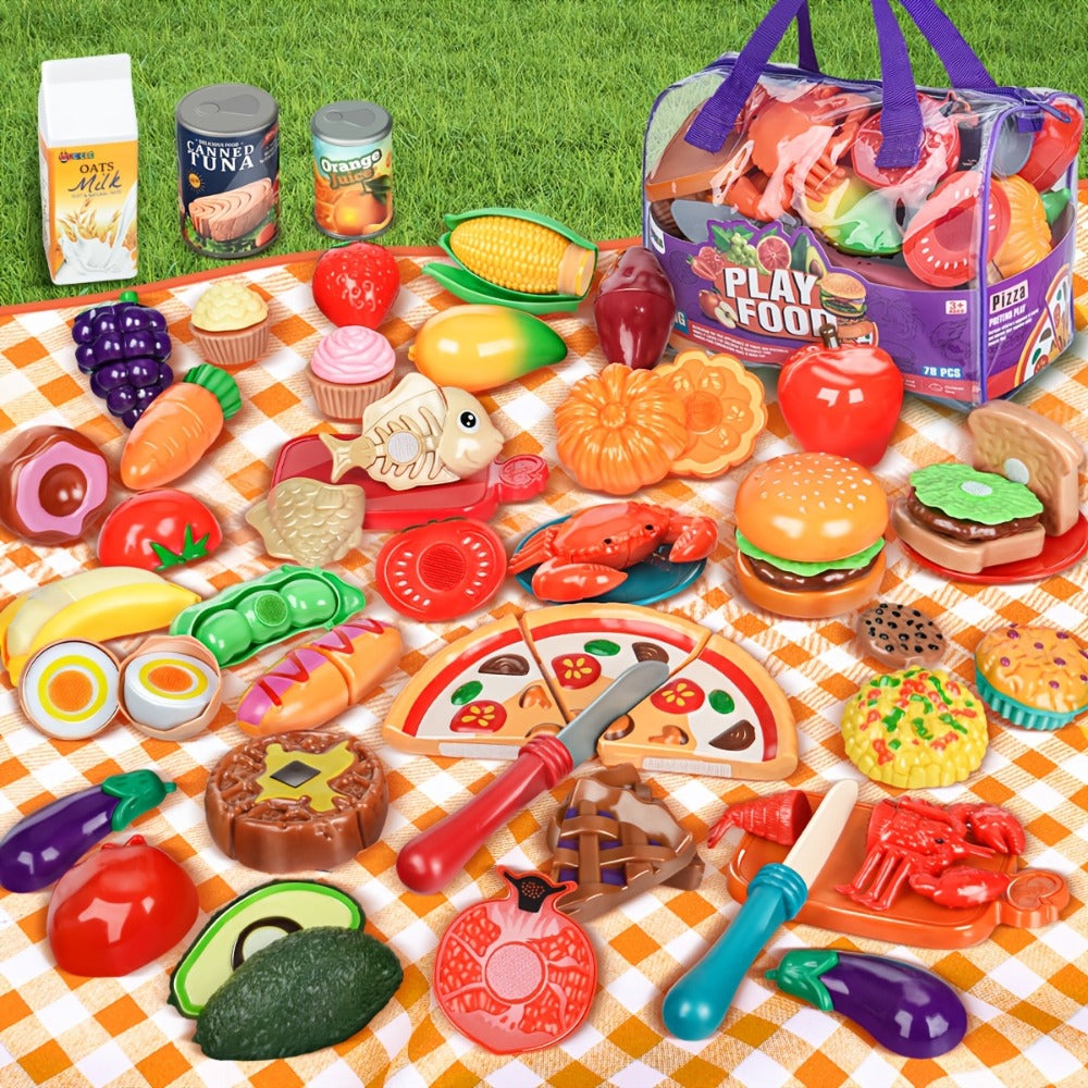 78 Pcs Kids Kitchen Toy Set with Storage Bag - Pretend Play Dinnerware, Fake Fruits & Vegetables